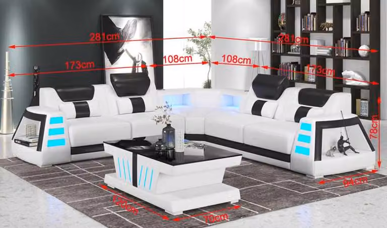 Sofa narożne w kształcie litery L, białe i czarne, z podświetleniem LED, nowoczesny stolik kawowy, design do salonu