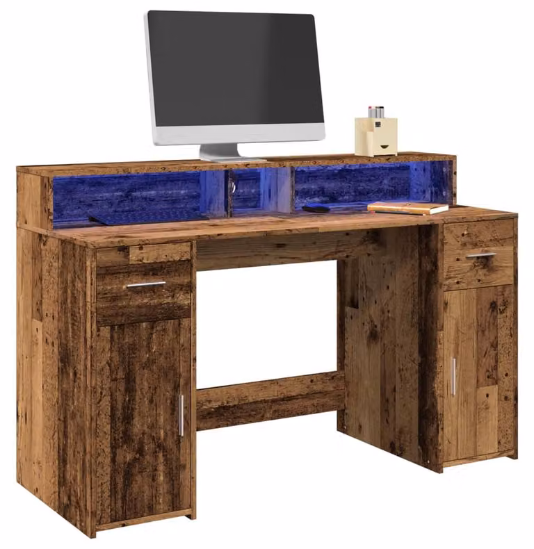 Biurko - Stół do pisania - Miejsce pracy - Stół pod laptopa - Drewno z recyklingu - Oświetlenie LED RGB - Duża przestrzeń do przechowywania