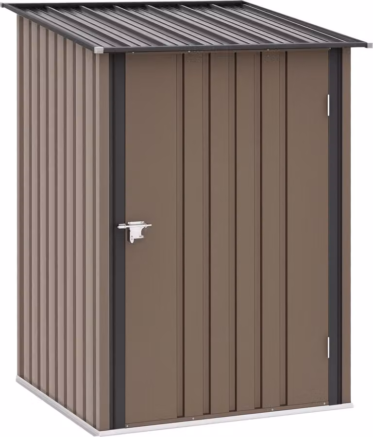 Domek narzędziowy Outsunny z metalu, 1,6 m³, 100 x 103 x 160 cm, z dachem dwuspadowym, zamykanymi drzwiami, odporny na warunki atmosferyczne, do ogrodu, na zewnątrz, brązowy