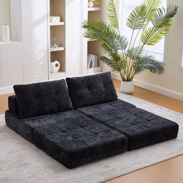 AIORBER Składana sofa do spania z poduszkami, składany materac, przenośna sofa podłogowa, oparcie, tkanina szenilowa, kolor czarny