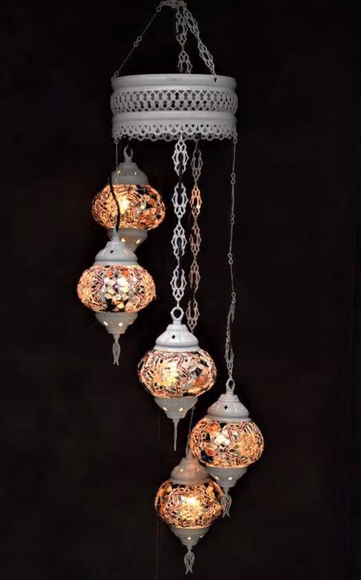 Lampa wisząca z kolorowego szkła z 5 mozaikowymi kulkami w stylu orientalnym, marokańska lampa sufitowa w kolorze kremowej bieli
