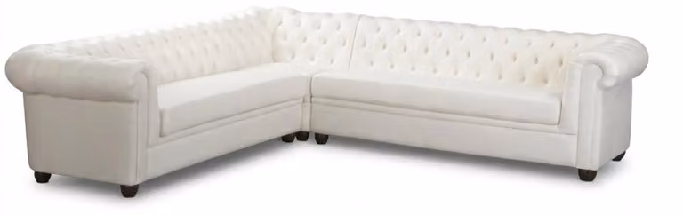 Biała, L-kształtna sofa narożna, klasyczna skórzana sofa, sofa pikowana, sofa Chesterfield