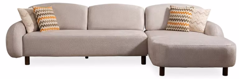 Elegancka, beżowa, narożna sofa w kształcie litery "L", obita tkaniną, nowoczesne meble do salonu, design