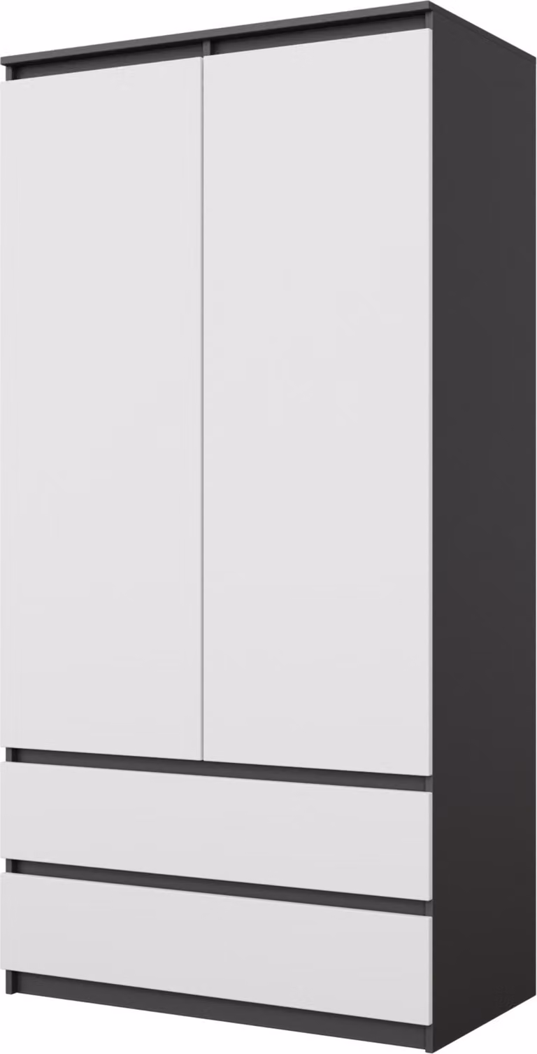 Szafa JOELLE 90 cm antracyt / biały mat, drzwi uchylne, 2 drzwi, 2 szuflady, drążek, 3 przegrody, S90 x W180 x G50 cm