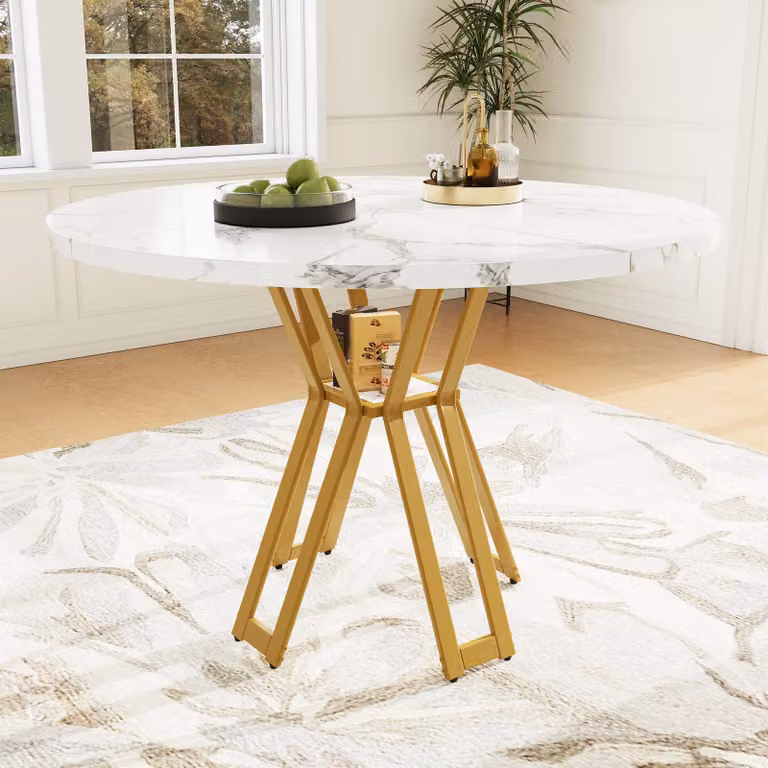Okrągły marmurowy stół do jadalni 100×100×76 cm – lekki/ 4–6 osób, blat MDF, złote nogi, jadalnia/salon