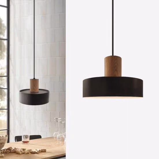 Lampa wisząca vintage, drewniana, czarna, średnica 25 cm - lampa w stylu industrialnym, żarówka E27, idealna do salonu, jadalni i sypialni