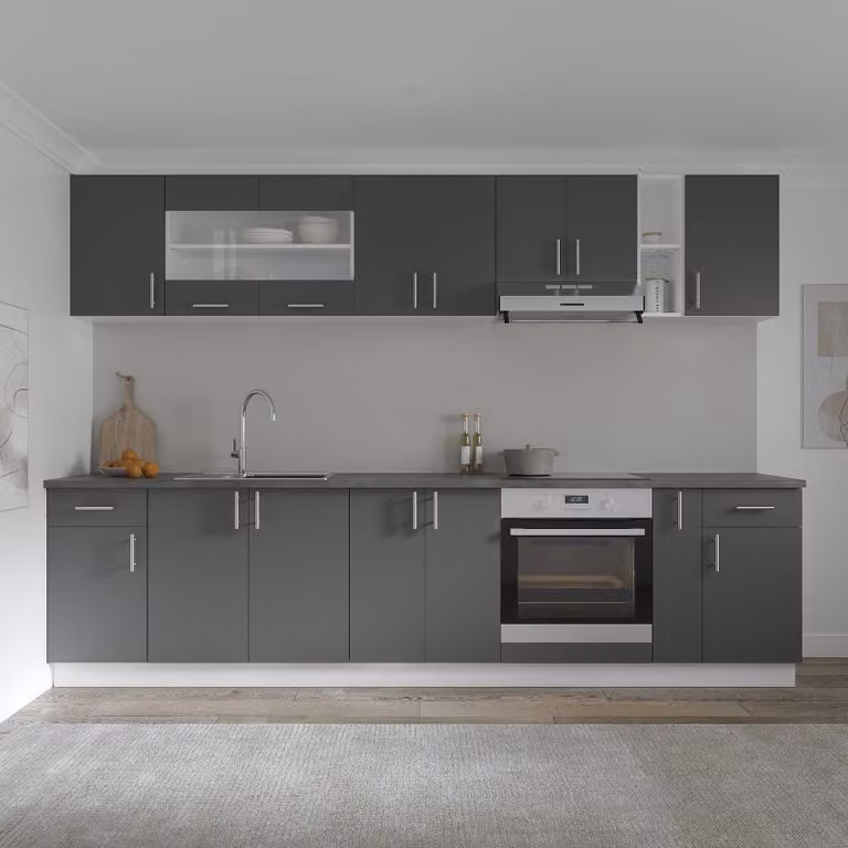 Komplet kuchenny Karo V25, antracyt/biały, blat termoformowany o grubości 28 mm, szerokość 300 cm