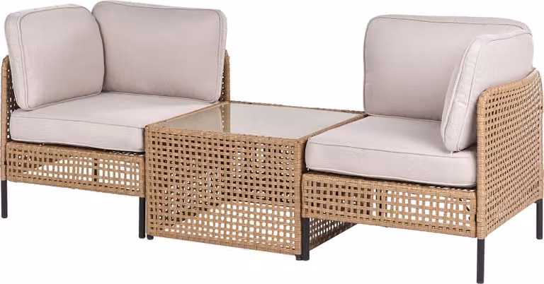 BELIANI Sofa ogrodowa ze stolikiem kawowym jasnobeżowa technorattan 2-osobowa metalowa rama poduchy szklany blat do ogrodu na patio taras