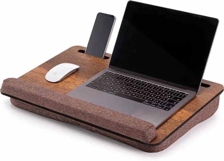Stolik do laptopa z drewna - stolik nocny - komfortowa praca - wbudowana podpora dla nadgarstków - szerokość 54,5 cm - kolor orzechowy
