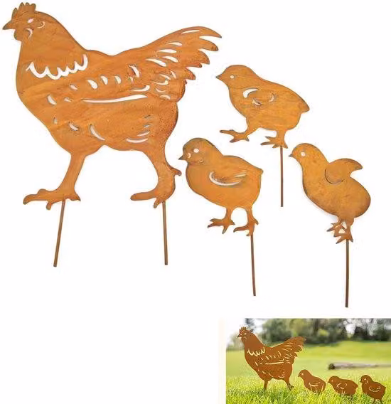 Dekoracja ogrodowa Unyqoos® – metalowa rodzinna figurka kur, z efektem rdzy, 1 kura + 3 pisklęta, stal nierdzewna, dekoracyjna do rabat, donic i trawnika, możliwość personalizacji