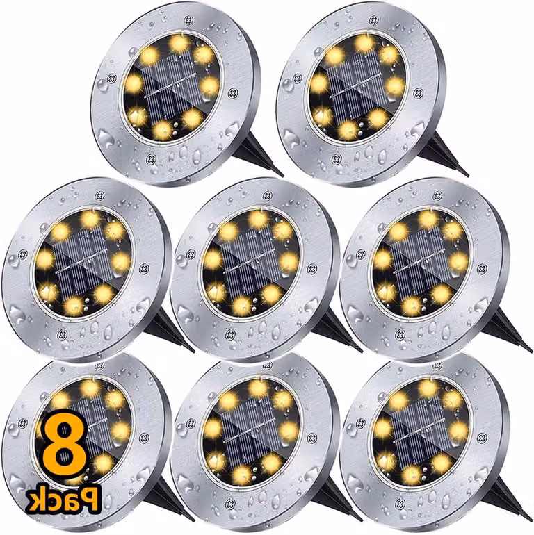 Oświetlenie ogrodowe zasilane energią słoneczną - lampy zewnętrzne typu "dysk" - oświetlenie ścieżek - 8 diod LED - wodoodporne - zestaw 8 sztuk - ciepła biel