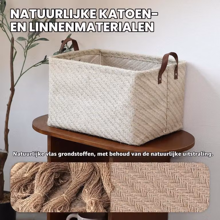 Kosz na pranie z jutowego materiału - Kwadratowy - 42 x 30 x 25 cm - Ze skórzanymi uchwytami - Do szafy i stolika kawowego