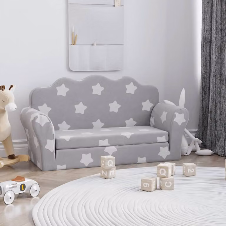 Maison Exclusive - Rozkładana sofa dla dzieci, dwuosobowa, jasnoszara, z motywem gwiazd, wykonana z miękkiego pluszu