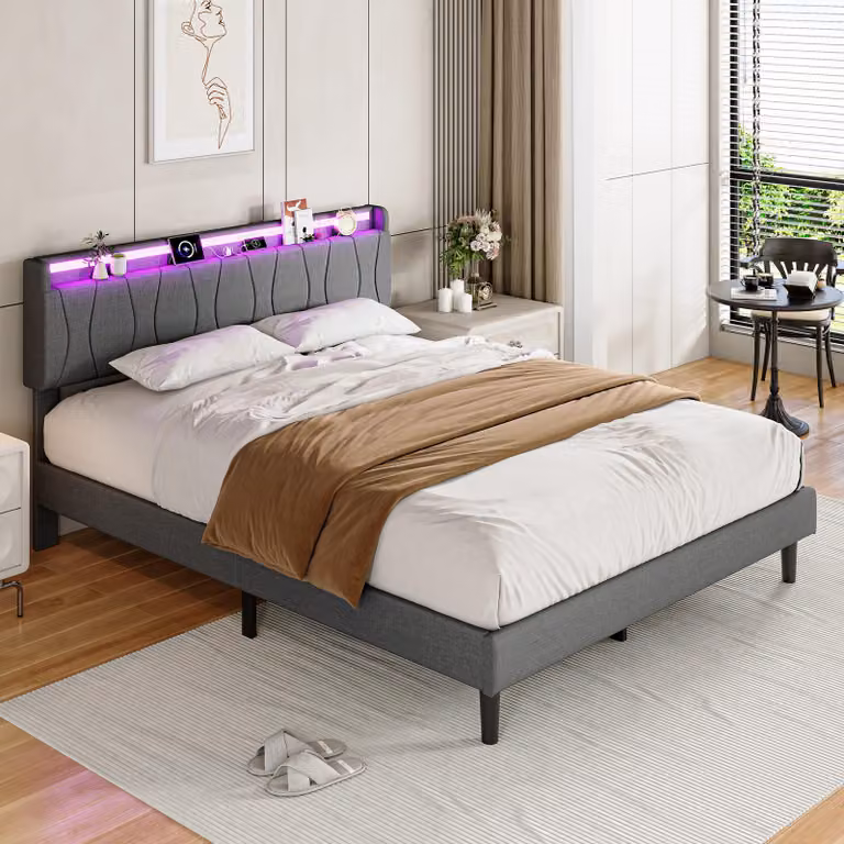 Łóżko tapicerowane REMZETTA, 160x200 cm, podwójne, z podświetleniem RGB LED, sterowaniem za pomocą aplikacji, portami USB-C i 2 portami USB, stelażem, kolor szary, bez materaca