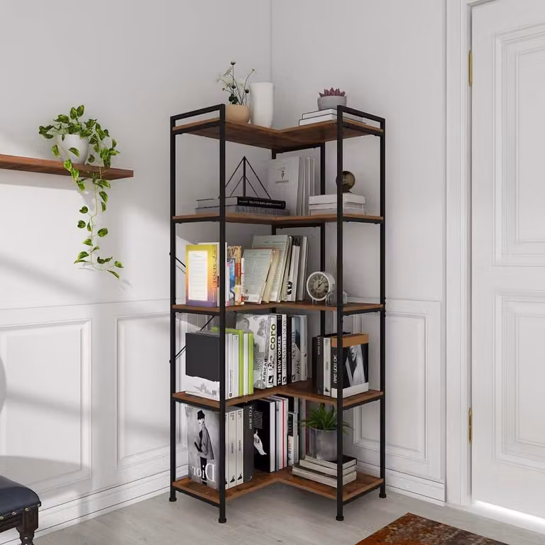 Regał narożny półka narożna - 5 poziomów - 150 cm - Metal i MDF - Czarny