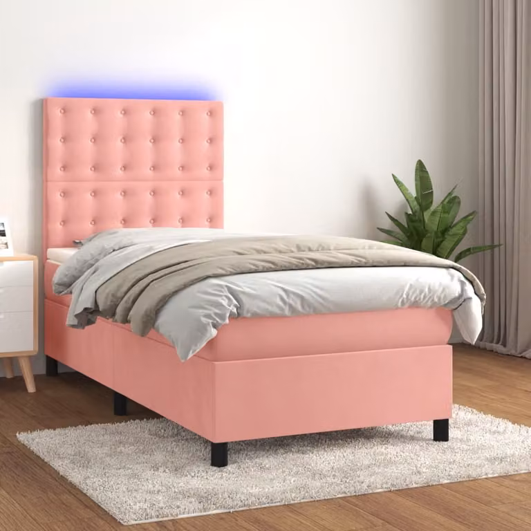 vidaXL Łóżko na sprężynach z materacem i diodami LED różowe 80x200 cm aksamitne - Łóżko na sprężynach - Łóżka - Meble do sypialni