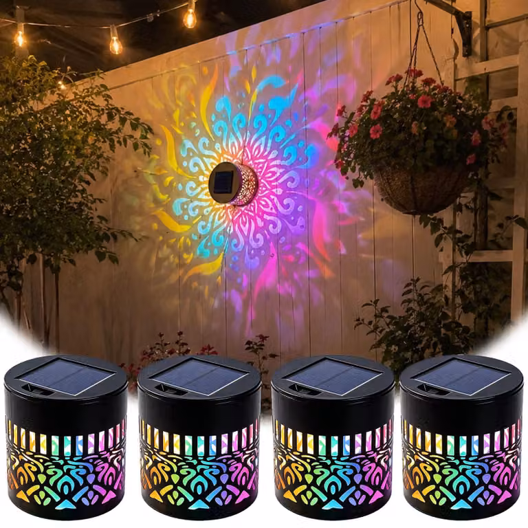 Zestaw 4 lamp solarnych, efekt mandali, oświetlenie ogrodowe, metal, diody LED zmieniające kolor (7 kolorów), wodoszczelność IP65, idealne do dekoracji ogrodów, tarasów i ogrodzeń
