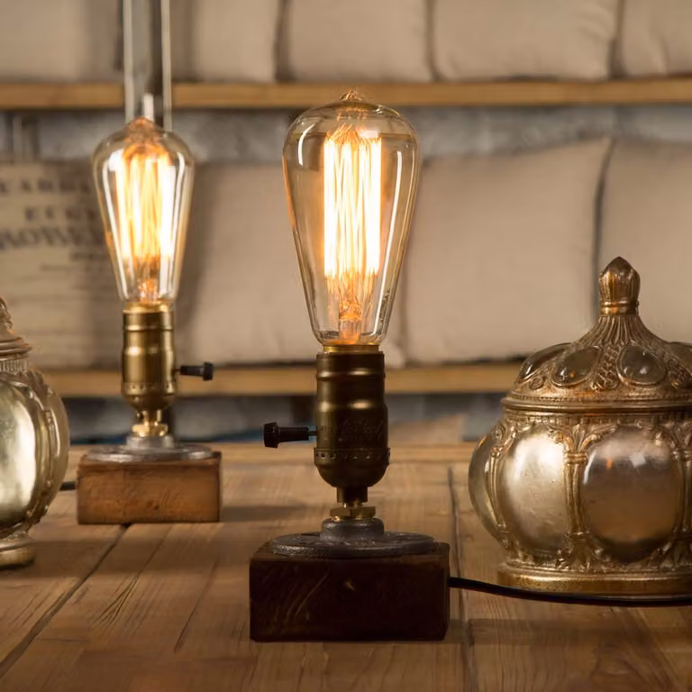 Yuenslighting Loft Drewniana Lampa Stołowa Vintage Biurkowa E26/E27 Żarówka Edison Retro Przemysłowa Ściemnialna Lampka Nocna Sypialnia Salon Wystawa Sztuki