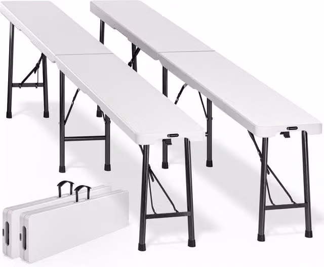 Zestaw 2 sztuk białych ławek piwnych Casaria® wykonanych z plastiku i lakierowanego metalu o długości 183 cm