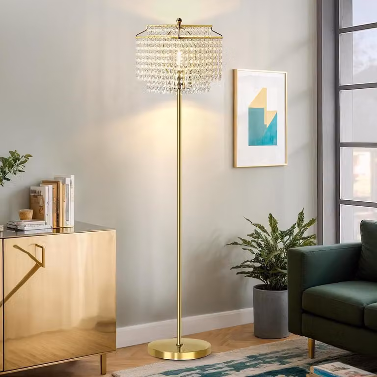 Kryształowa lampa podłogowa - Nowoczesna lampa stojąca - Tworzy atmosferę - Włącznik nożny - 4,9 kg - Złota