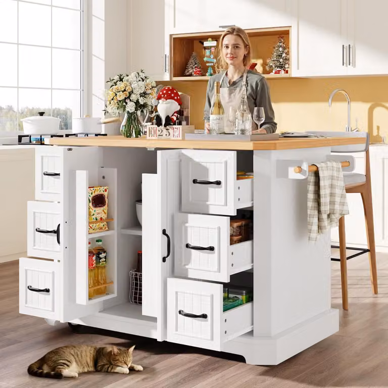 Mobilna wyspa kuchenna z 2 drzwiczkami i 6 szufladami, na kółkach, biała, 120x45x91 cm