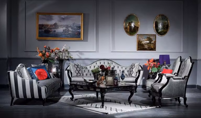 Casa Padrino barokowy zestaw do salonu srebrny / czarny - 2 sofy i 2 fotele i 1 stolik kawowy i 2 stoliki boczne - Meble do salonu w stylu barokowym - Szlachetny i wystawny