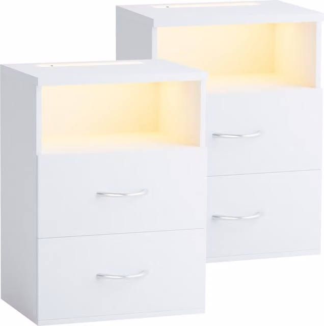 Zestaw 2 stolików nocnych CASARIA w kolorze białym z oświetleniem zintegrowanym, W x S x G: 55 x 40 x 28 cm