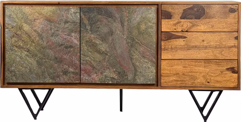 Komoda WOHNLING z litego drewna sheesham, 150 x 40 x 55 cm, z 2 drzwiami i 3 szufladami, komoda z frontami imitującymi kamień 3D, meble do salonu