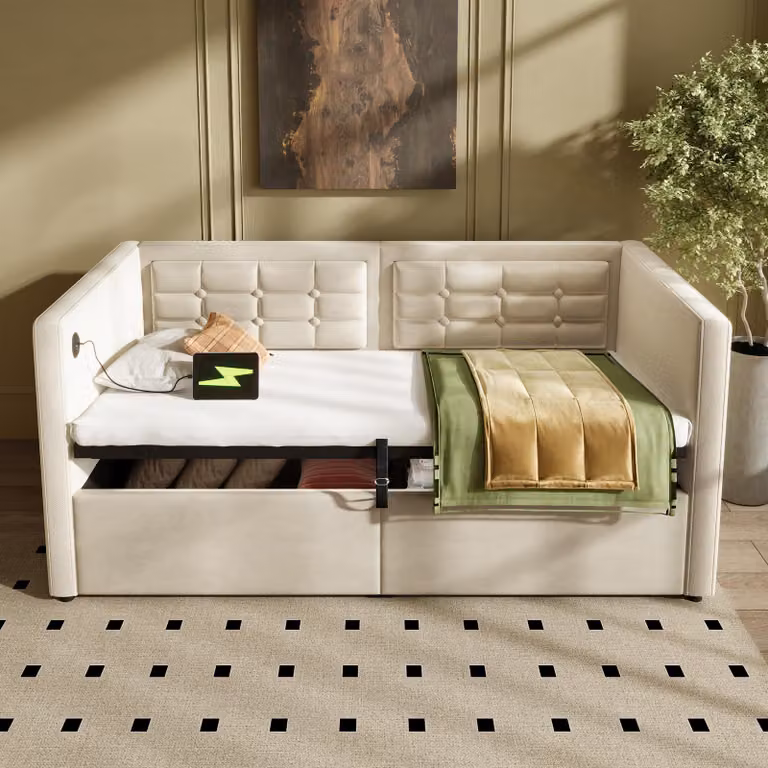 Wygodna rozkładana sofa z miejscem do przechowywania, funkcją ładowania USB i Type-C, drewnianą ramą. Aksamitny beż, idealny dla gości. Pojedyncze łóżko, 90x200 cm
