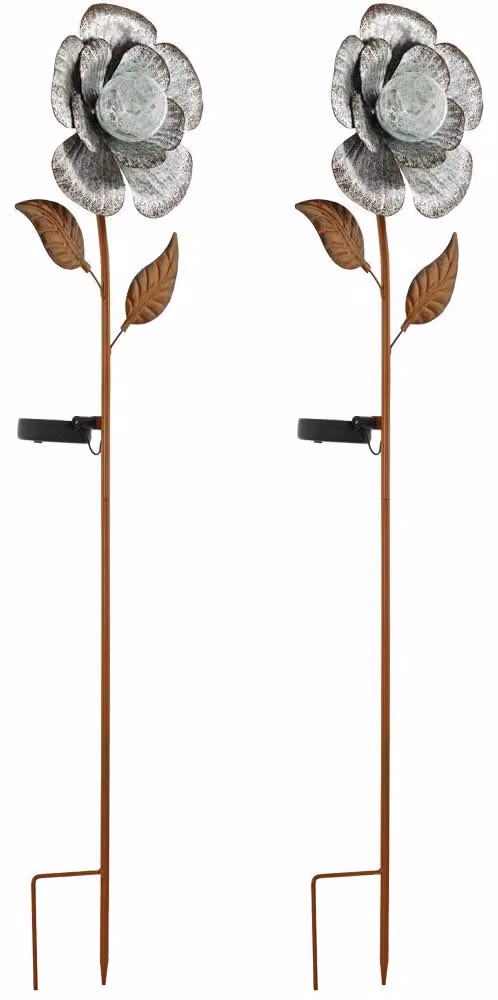 2 sztuki lamp solarnych LED, wzór kwiatowy, kolor srebrny, wysokość 75 cm