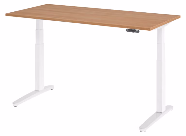 Biurko elektryczne bümö XBHM – wymiary: 160 x 80 cm, wykończenie: orzech, podstawa: biały/polerowane aluminium