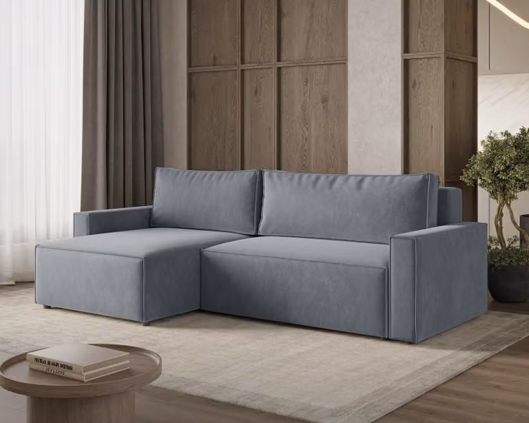 LIVIO L – narożnik z funkcją spania, sofa z schowkiem, sofa do salonu, kanapa, rozkładana sofa, zestaw wypoczynkowy – VIBE 95