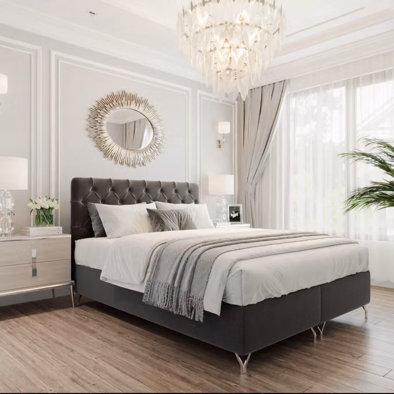Łóżko kontynentalne GracePLUS 160x200, czarne, podwójne, z materacem bonellowskim, nakładką i pojemnikiem na pościel; łóżko tapicerowane Glamour ze srebrnymi nóżkami o wysokości 12 cm; nowoczesna sypialnia; łóżko w stylu vintage