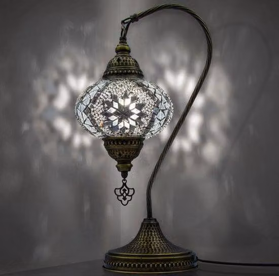 Mozaiek Lampa stołowa z łabędzim szyjką Ręcznie wykonana lampka nocna – tureckie, orientalne, marokańskie oświetlenie dekoracyjne Białe