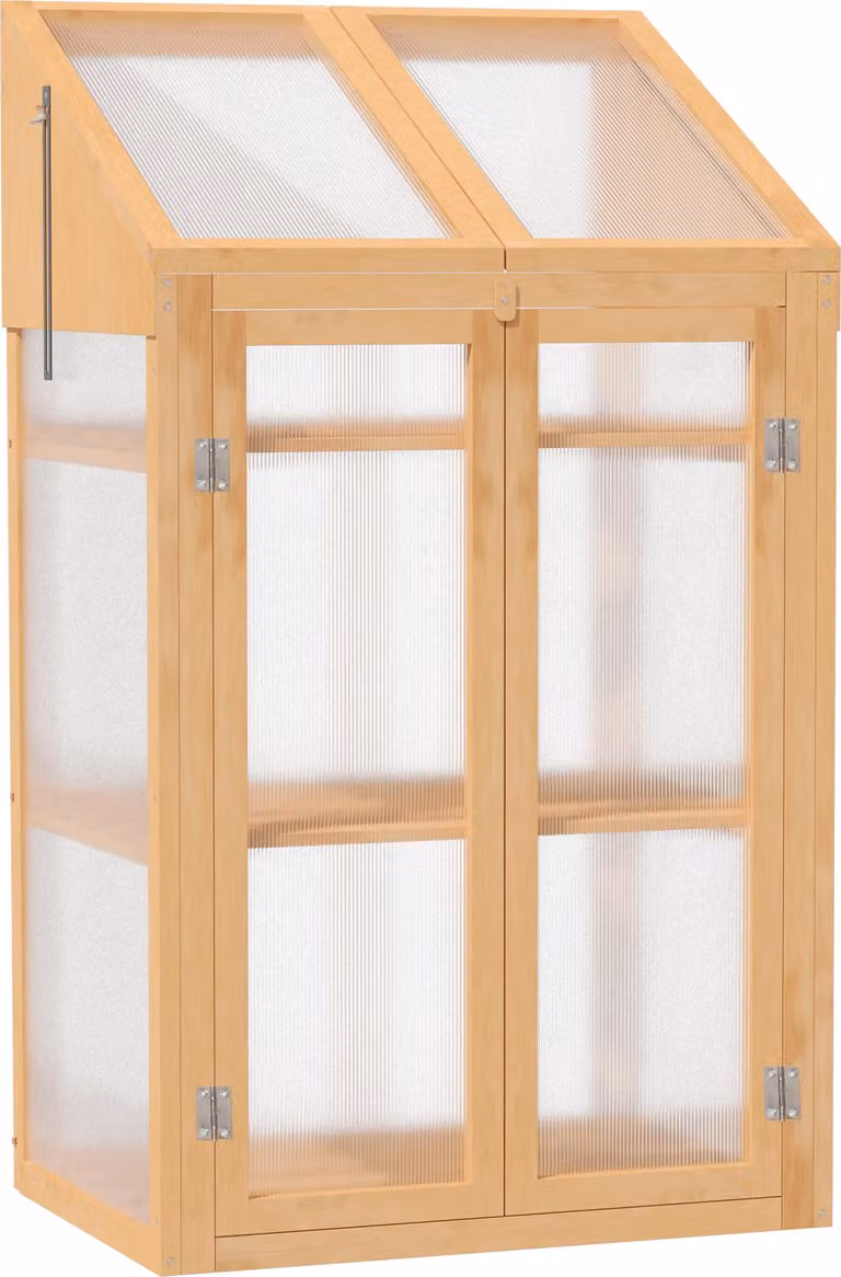 Drewniana skrzynia na warzywa Outsunny, mini szklarnia 70 x 50 x 120 cm, szklarnia z pokrywą, oknem, podwójnymi drzwiami, półprzezroczysta skrzynia na warzywa z 3 półkami, odporna na zimę, podwyższone grządki ogrodowe, balkon, brązowa