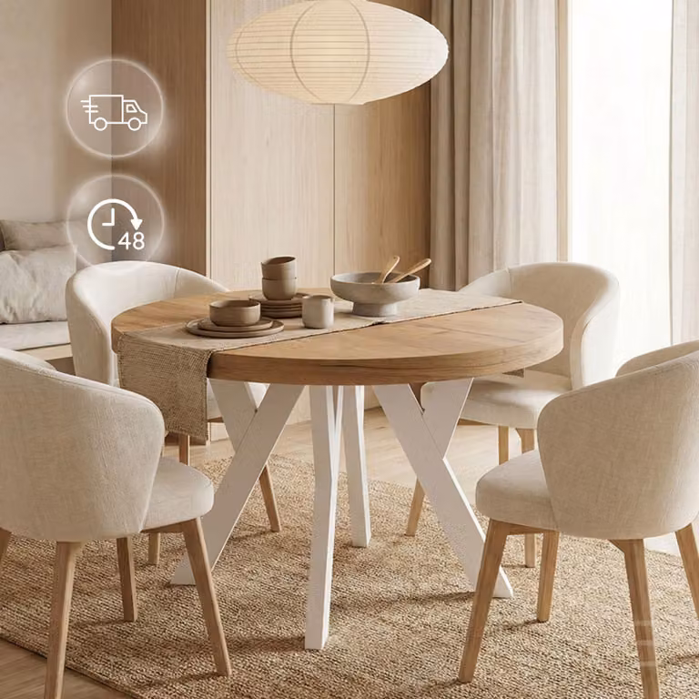 Rozkładany stół jadalny, okrągły, biały, PERO, 100/200 cm, blat z drewna dębowego w kolorze złoty – styl loft, skandynawski