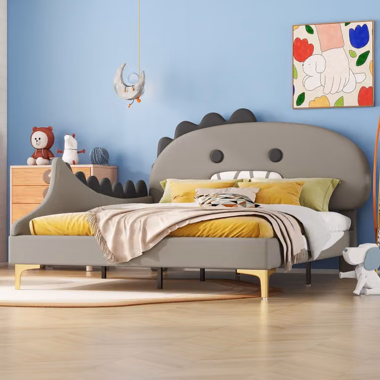 Łóżko dziecięce Zerbaco, model "Dinozaur", wymiary 140x200 cm, jednoosobowe, płaskie, kolor szary, wykonane z materiału PU
