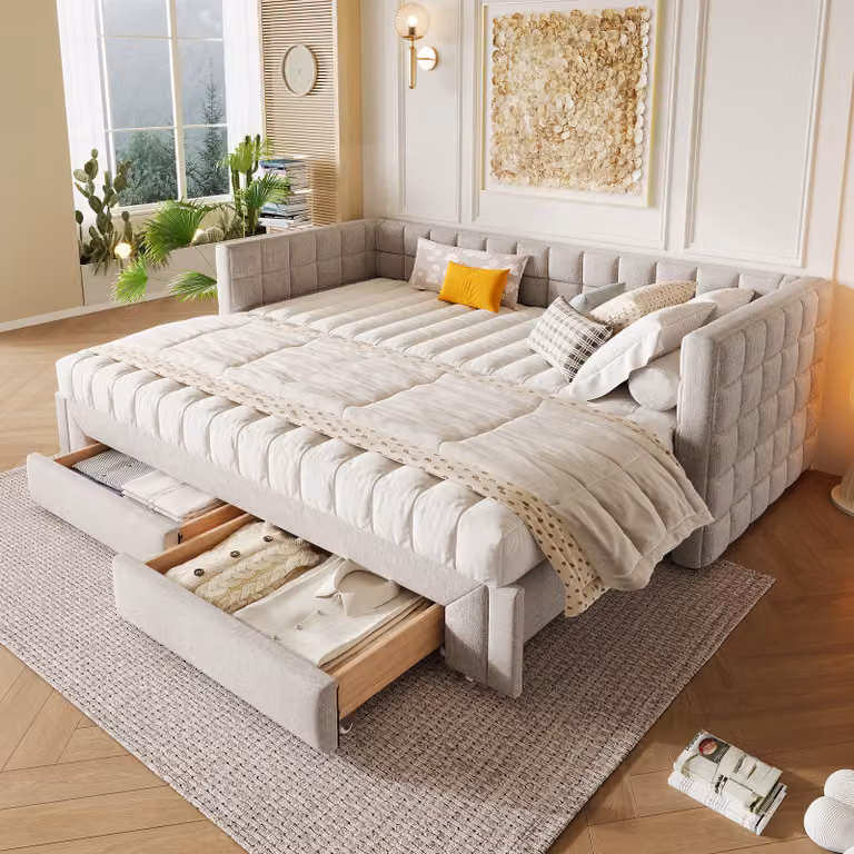 Łóżko tapicerowane Flieks 90x200/180x200cm z 2 szufladami, rozkładana sofa z wysuwanym łóżkiem, sofa z funkcją spania, drewniane łóżko rozkładana sofa, aksamit