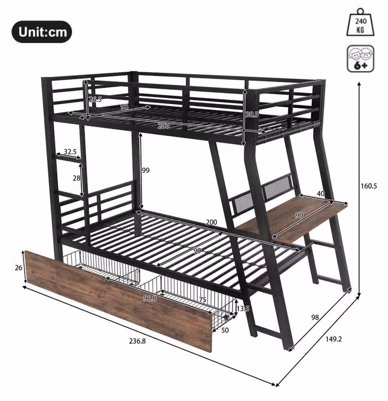 Metalowe łóżko piętrowe - 90 x 200 cm - z miejscem do przechowywania - z barierkami ochronnymi - z listwą LED - z biurkiem - kolor czarny