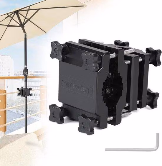 Uchwyt do parasola balkonowego z regulowaną podstawą – średnica 22–38 mm – zacisk kwadratowy i okrągły – do rur o średnicy 25–60 mm – kolor czarny – stabilna konstrukcja