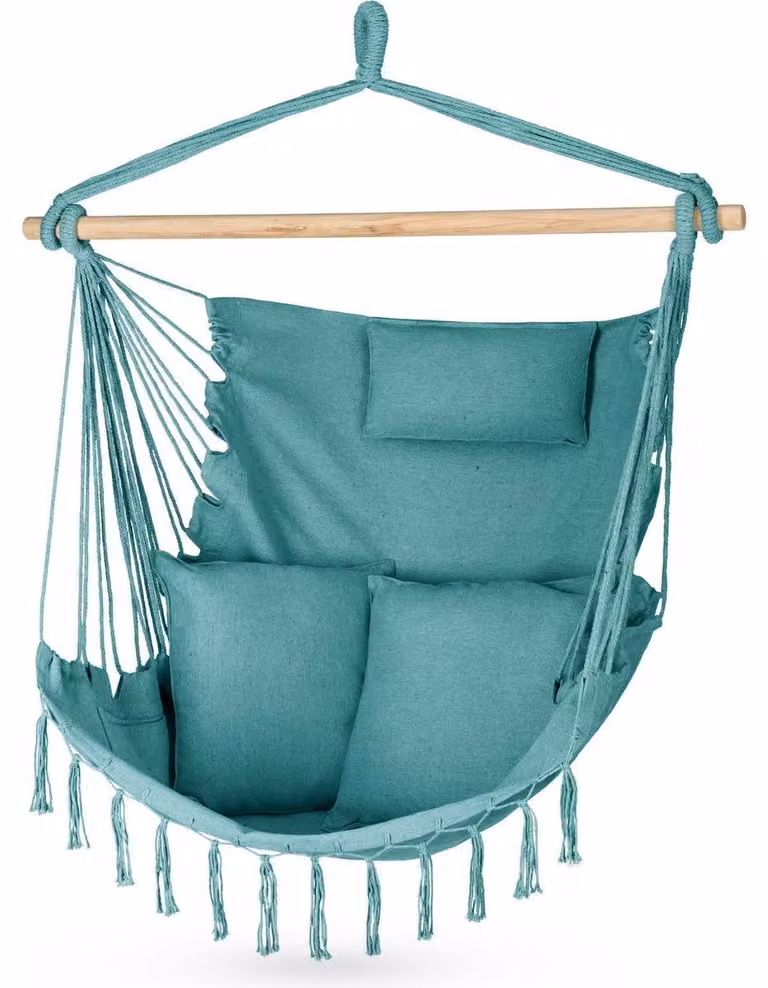 Hangingowe krzesło w stylu boho - 100 x 130 x 75 cm - Maksymalne obciążenie: 150 kg - Zielone, z poduszkami - Idealne do ogrodu, balkonu i salonu