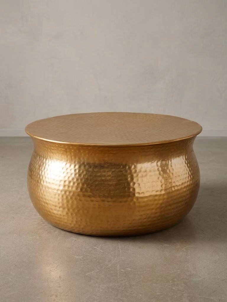 Stolik kawowy 60x30,5x60 cm aluminiowy złoty stolik boczny orientalny okrągły, płaski młotkowany metalowy stolik rozkładany, designerski stolik do salonu nowoczesny, stolik do salonu indyjski stolik mały