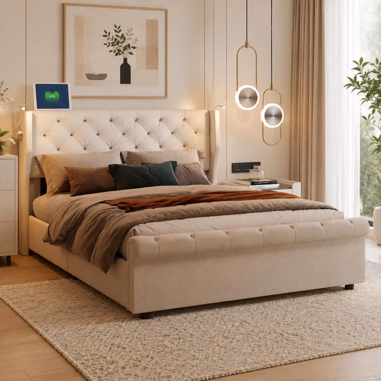 Łóżko tapicerowane INONEFT, 140x190 cm, z podświetleniem LED i portami USB, łóżko typu boxspring z pojemnikiem na pościel i elastyczną podstawą, łóżko młodzieżowe dwuosobowe z hydraulicznym podnoszeniem i miejscem do przechowywania, obita welurem w kolorz