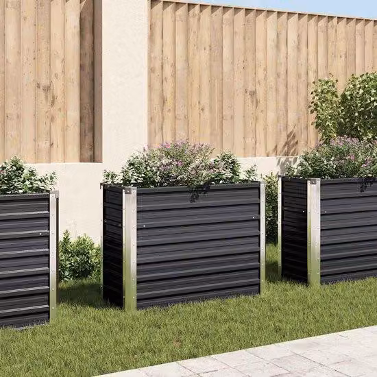 Doniczka ogrodowa XL z terakoty z ogródkiem ziołowym na balkon i taras – 160 x 40 x 77 cm – kolor antracytowy – rura stalowa ocynkowana
