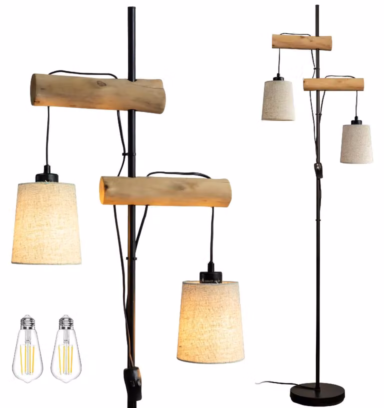 Lampa podłogowa z naturalnego drewna, z dwoma abażurami z tkaniny, LED, styl retro