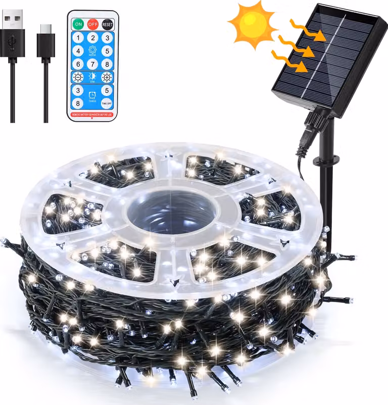 Eikuavons, łańcuch świetlny LED zasilany energią słoneczną, 100 metrów, 1000 diod LED, 8 trybów, lampa solarna do użytku na zewnątrz i wewnątrz, idealna do dekoracji ogrodu, przyjęć i świąt Bożego Narodzenia, oświetlenie zewnętrzne, dekoracja, światło bia