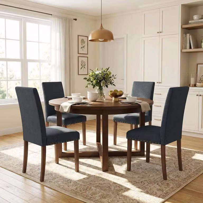 Krzesła do jadalni/kuchni – zestaw 2 sztuki – obicie materiałowe, styl Chesterfield – tapicerowane siedzisko – nogi z litego drewna – ozdobne gwoździe – 46×59×92 cm – beżowe
