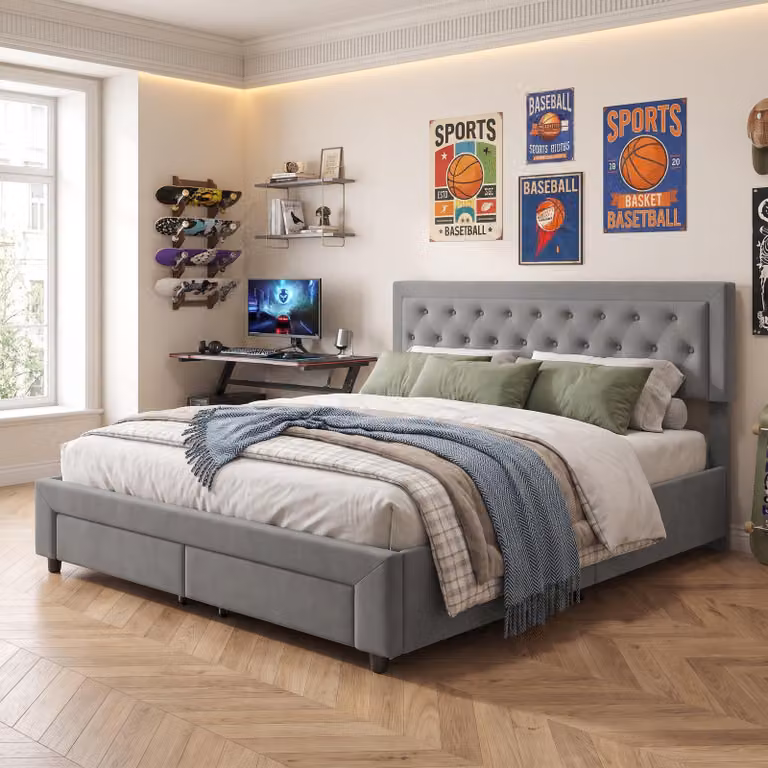 Łóżko platformowe INONEFT, 160 x 200 cm, z 2 szufladami, łóżko z pojemnikiem, podwójne łóżko z elastycznym stelażem, łóżko tapicerowane, idealne dla młodzieży, obite welurem, kolor: szary