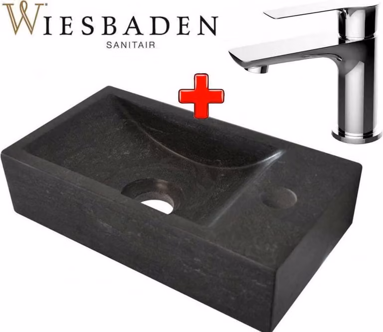 Zestaw 2w1 Wiesbaden: Bateria umywalkowa, CASMA, chrom + mały rozmiar kamienia, B-STONE XS, 36x18cm, HANDMADE, prawa.
