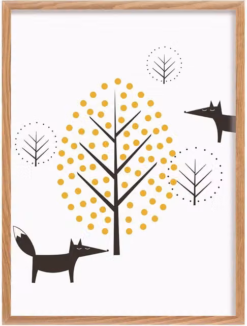 Obrazek Scandi Forest Fox w stylu skandynawskim, ilustracja z motywem zwierząt i natury, kolor wielobarwny: biały, czarny, żółty, wymiary: 30 x 40 cm